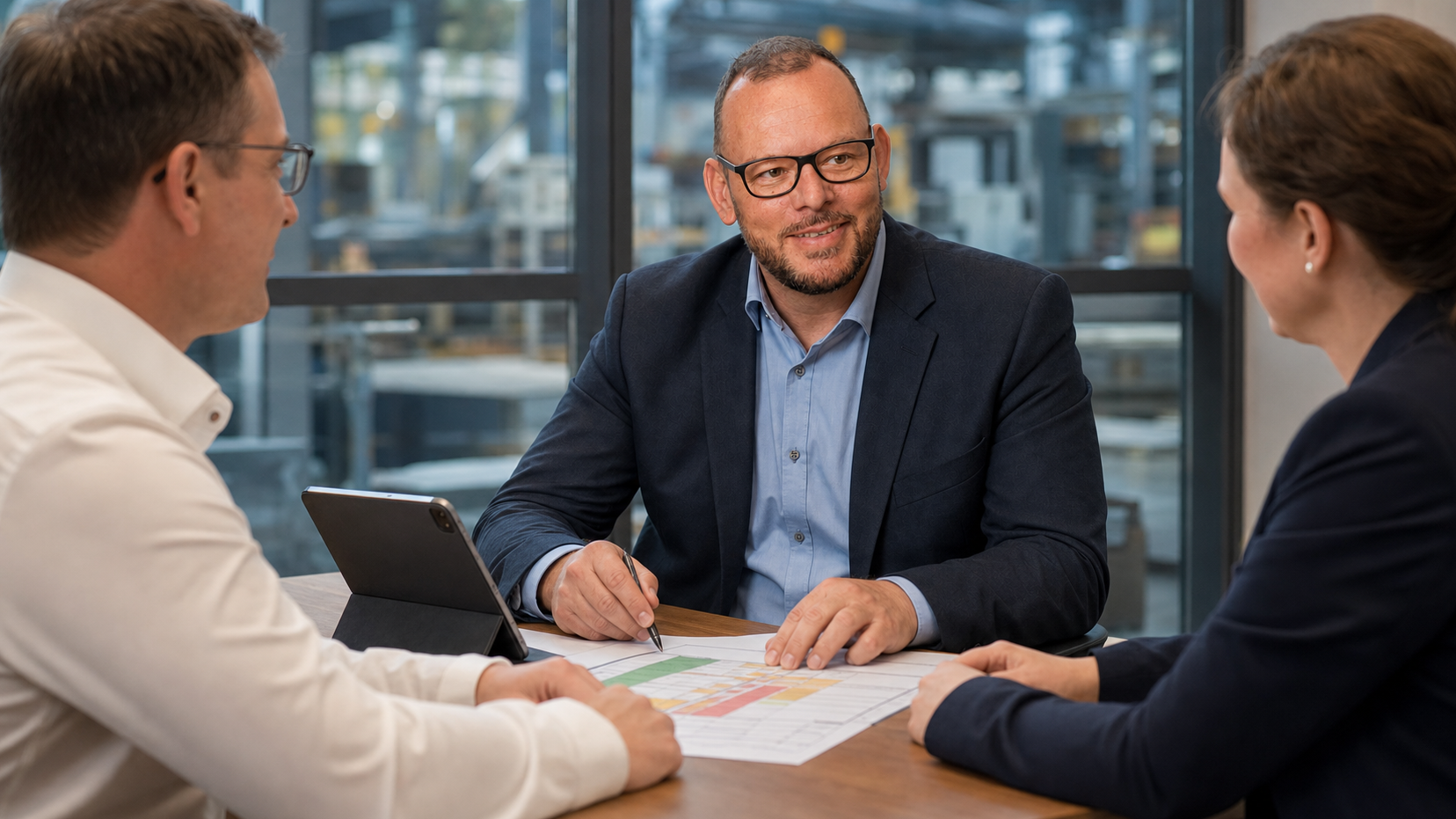 Drei Personen besprechen betriebliche Maßnahmen an einem Besprechungstisch.