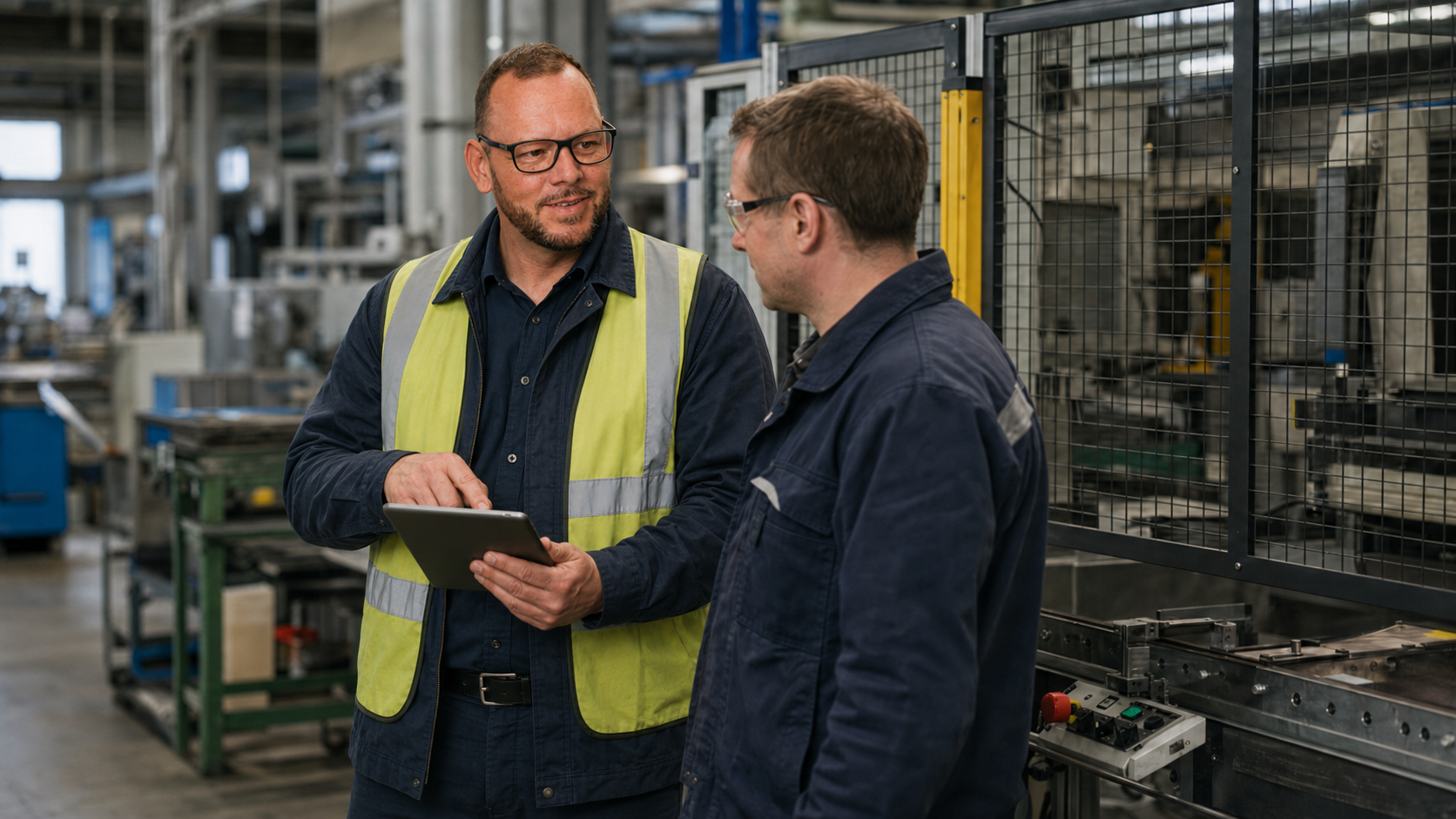 Fachperson bespricht Gefährdungen und Maßnahmen während einer Sicherheitsbegehung in einer Industriehalle