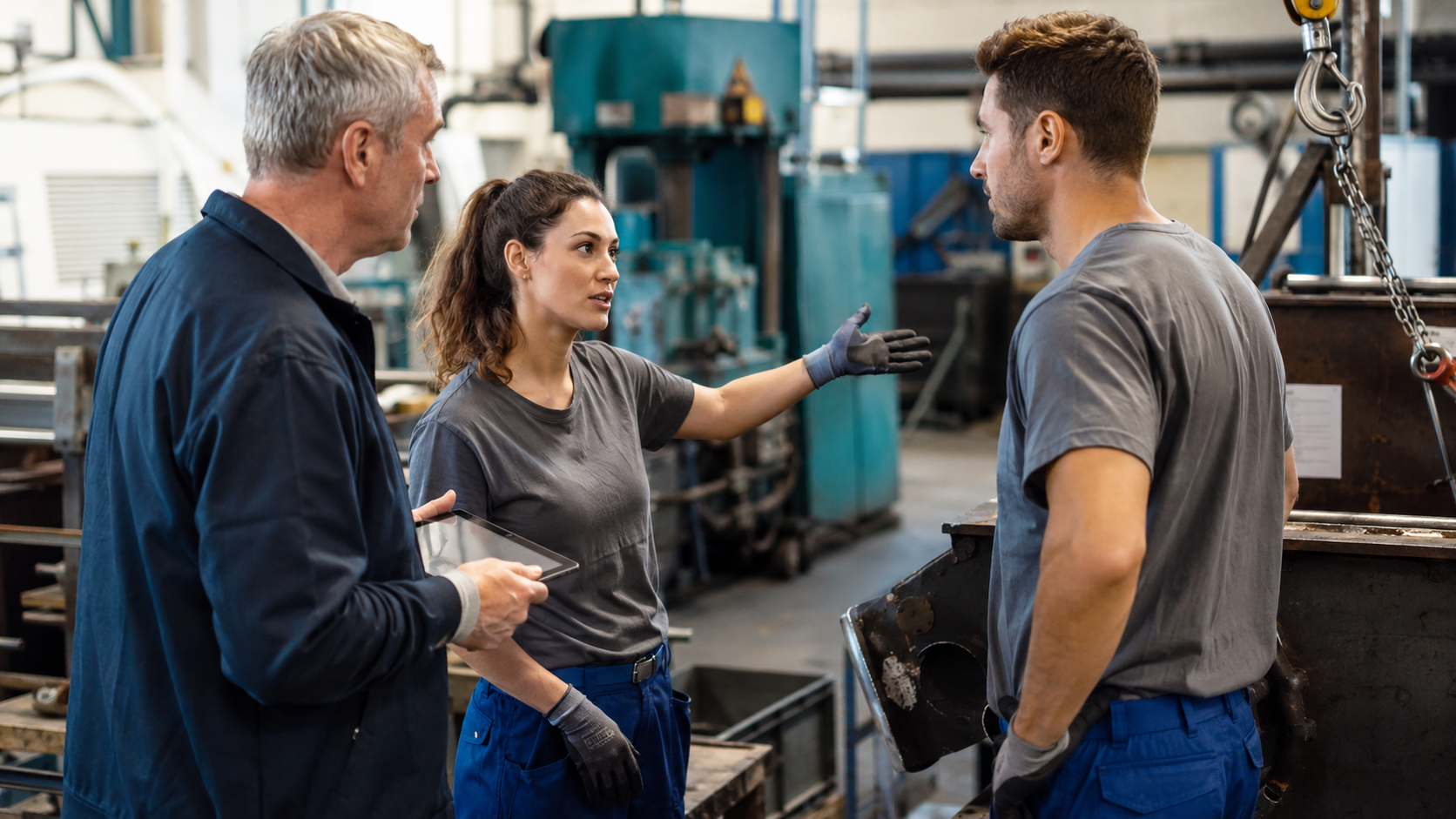 Führungskraft und Beschäftigte führen einen Sicherheitsdialog am Arbeitsplatz