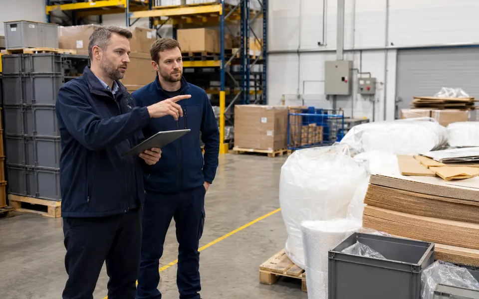 Fachperson bewertet brennbare Verpackungsmaterialien in einem Lagerbereich