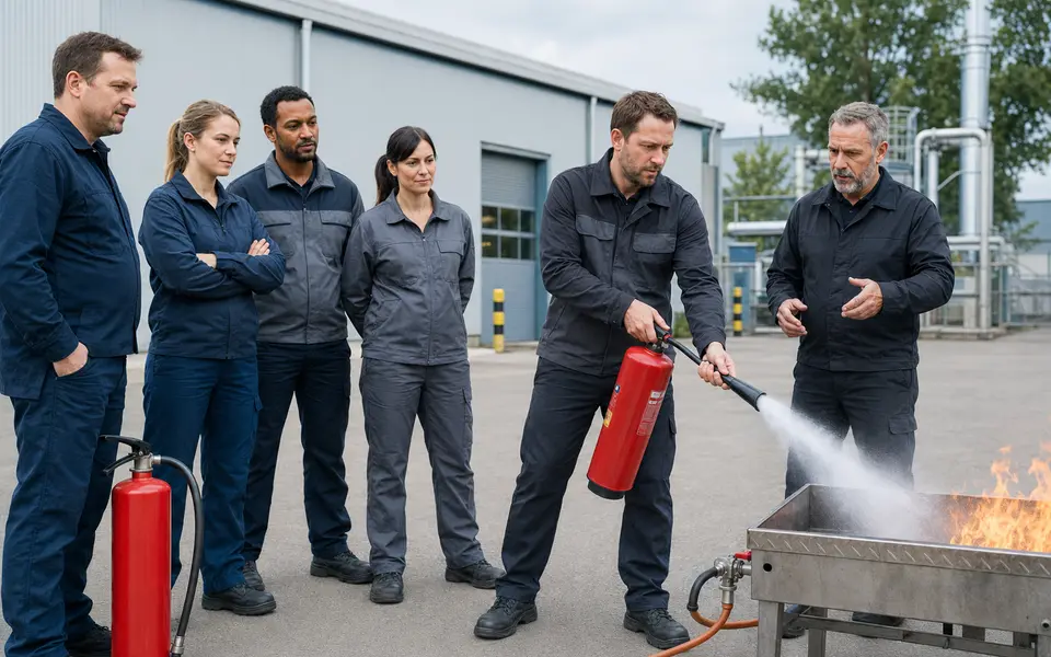 Beschäftigte üben unter fachkundiger Anleitung den Umgang mit einem Feuerlöscher