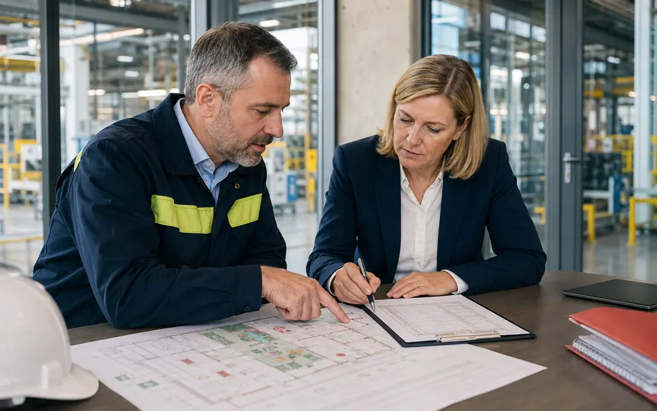 Brandschutzbeauftragter und Führungskraft besprechen einen betrieblichen Plan