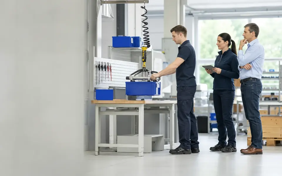 Mitarbeiter arbeitet an einer ergonomisch eingerichteten Werkbank, begleitet von zwei Fachpersonen.