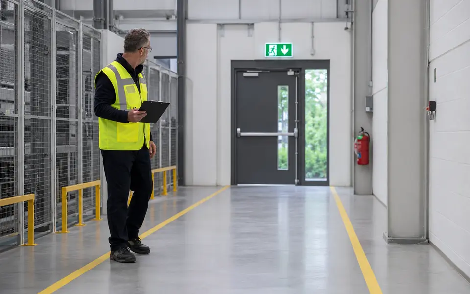 Fachperson kontrolliert einen freien Fluchtweg in einer Produktionshalle