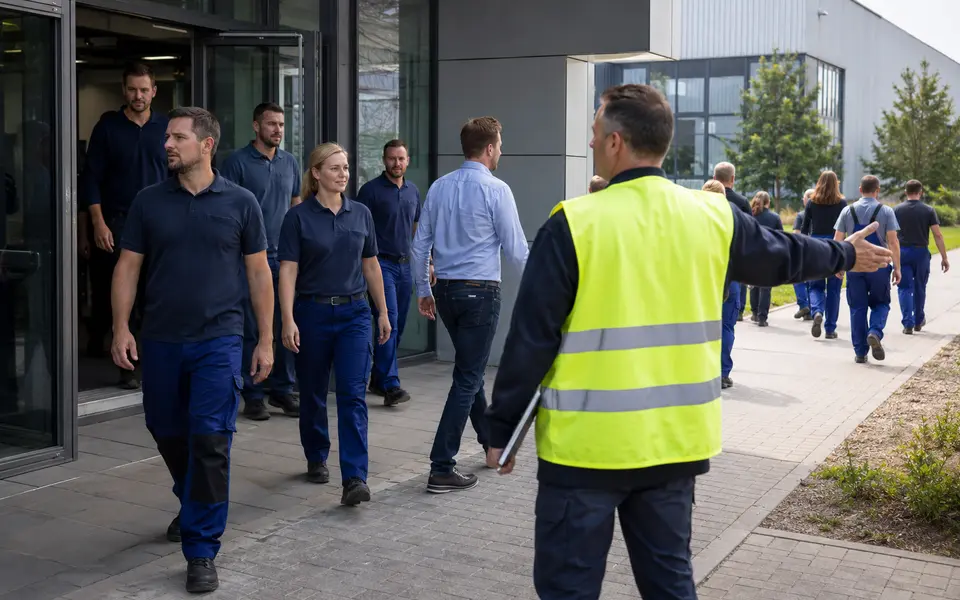 Beschäftigte verlassen bei einer geordneten Räumungsübung ein Industriegebäude