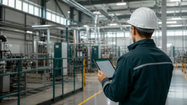 Beschäftigte führen vor einer Instandhaltungsarbeit einen Sicherheitscheck in einer Industriehalle durch.