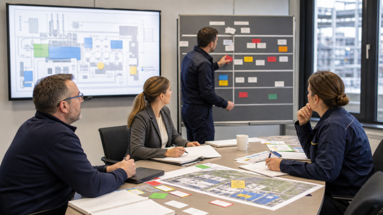 Krisenteam in einem technischen Betrieb arbeitet mit Lagebild und Maßnahmenübersicht