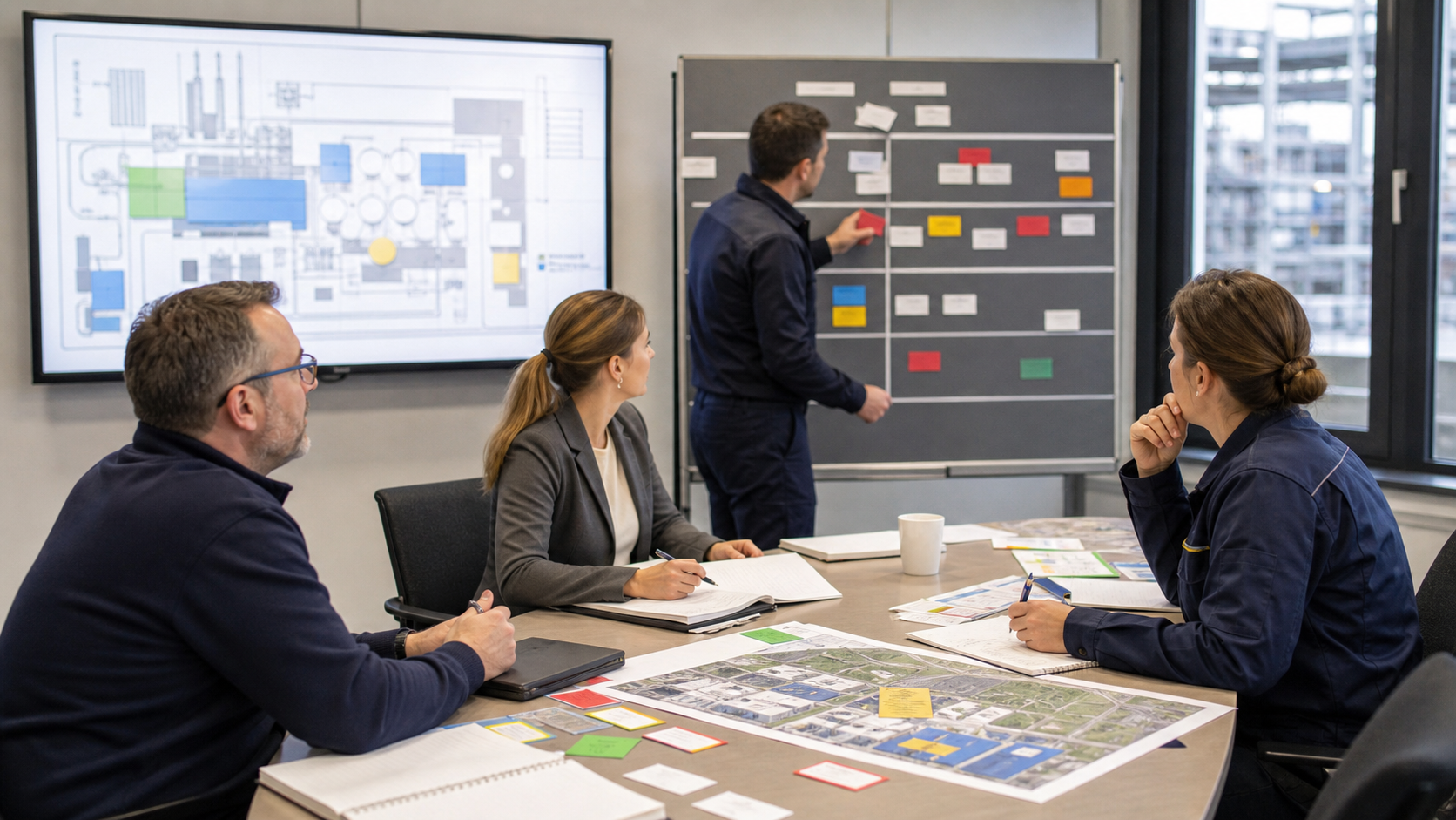 Krisenteam in einem technischen Betrieb arbeitet mit Lagebild und Maßnahmenübersicht