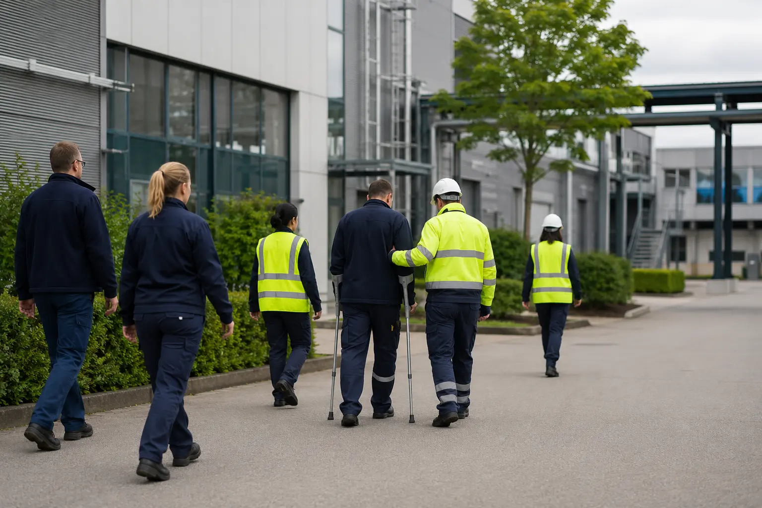 Beschäftigte verlassen bei einer betrieblichen Evakuierungsübung geordnet ein Industriegebäude; eine Person mit Gehstützen wird begleitet.