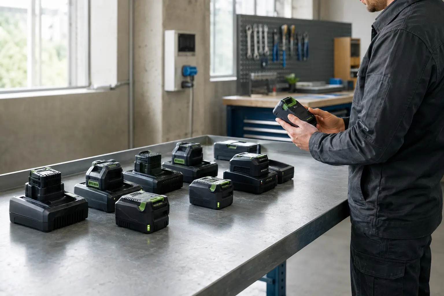 Techniker kontrolliert Lithium-Ionen-Akkus an einem geordneten Ladeplatz auf einer nicht brennbaren Arbeitsfläche.